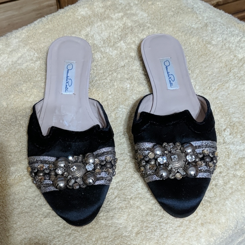 Oscar de la Renta black satin jeweled mules